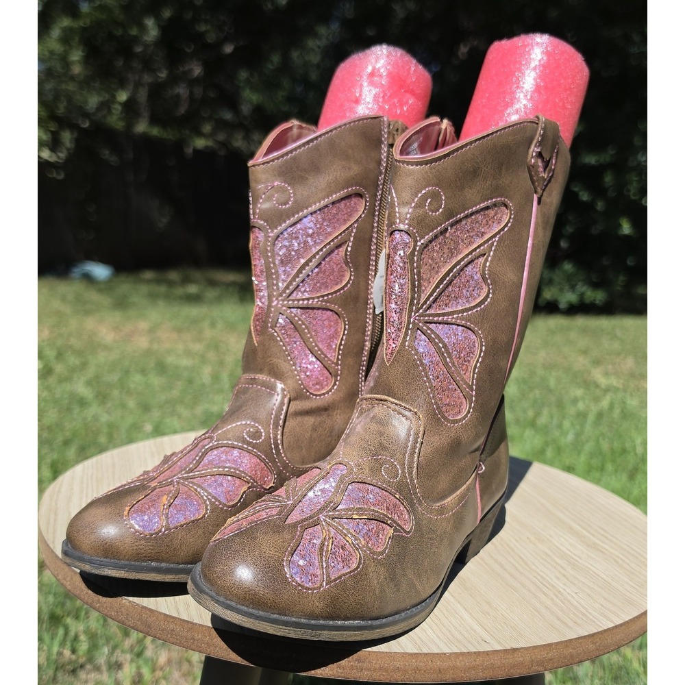 Wonder Nation Girls Butterfly Western Cowgirl Boots Brown Pink Glitter